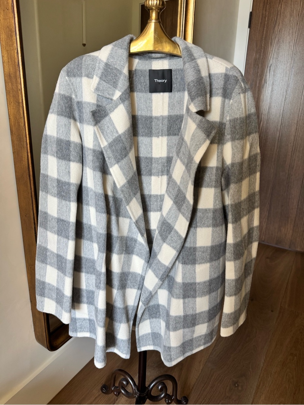 Theory Gray and White Plaid Wool Pea Coat
